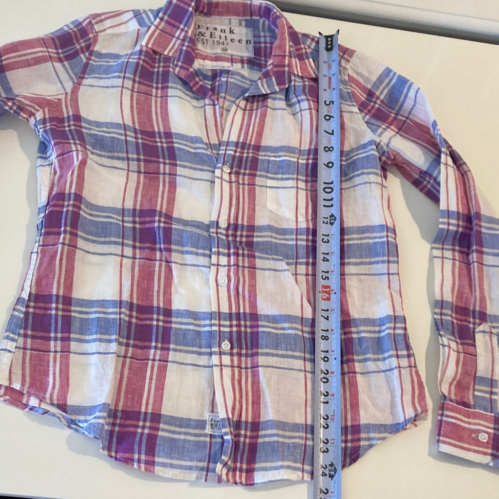 Frank & Eileen Barry Top Blue Pink Plaid Button Up Linen Blend Size XS - Picture 9 of 11